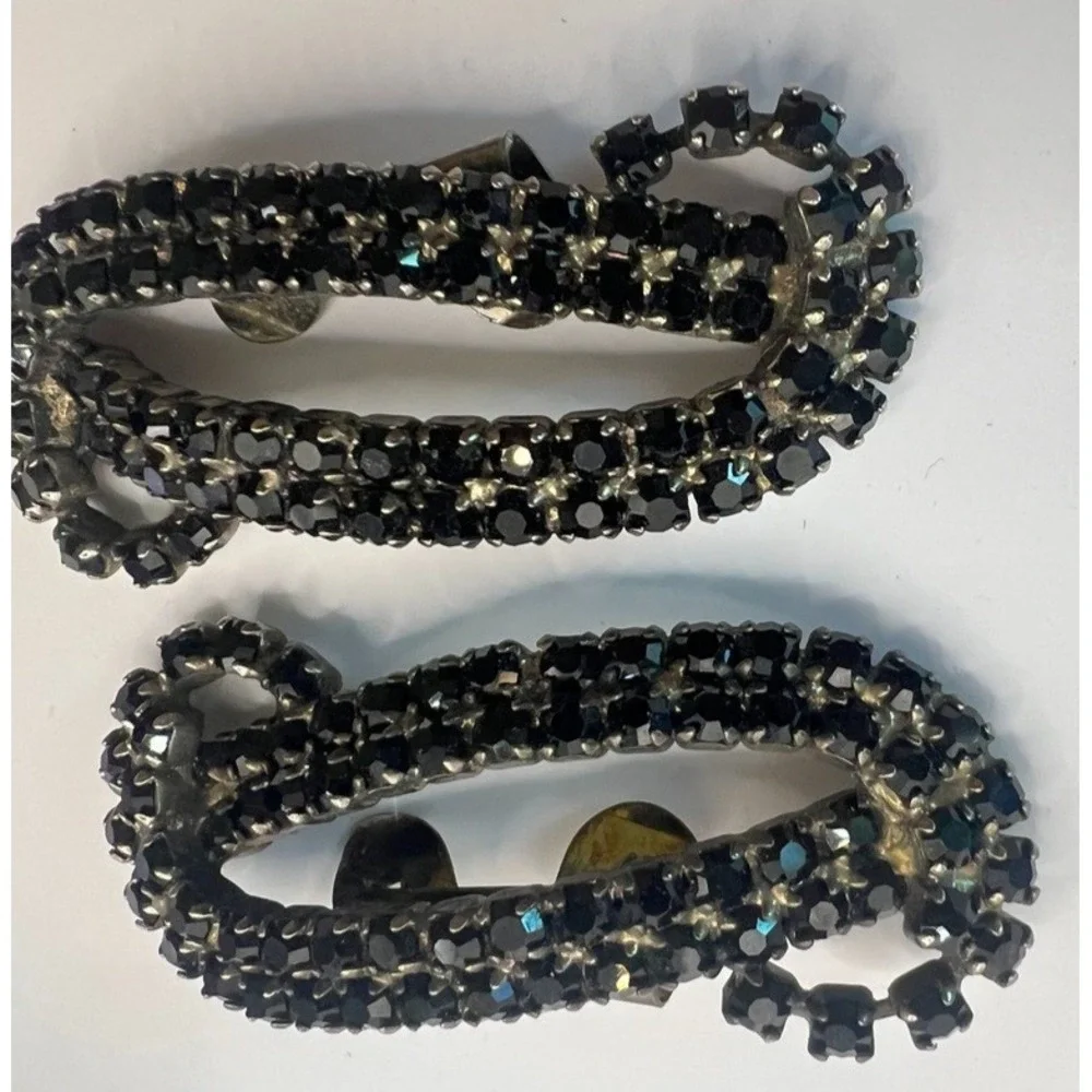 Vintage MUSI Black‎ Rhinestone Shoe Clips 1950s Mid Century Glam Accessory MCM